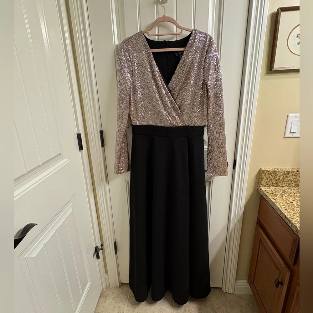 Frank Lyman Evening Gown Maxi Dress Gold Sparkle Top Black Skirt Size 10 VGUC - Picture 2 of 12